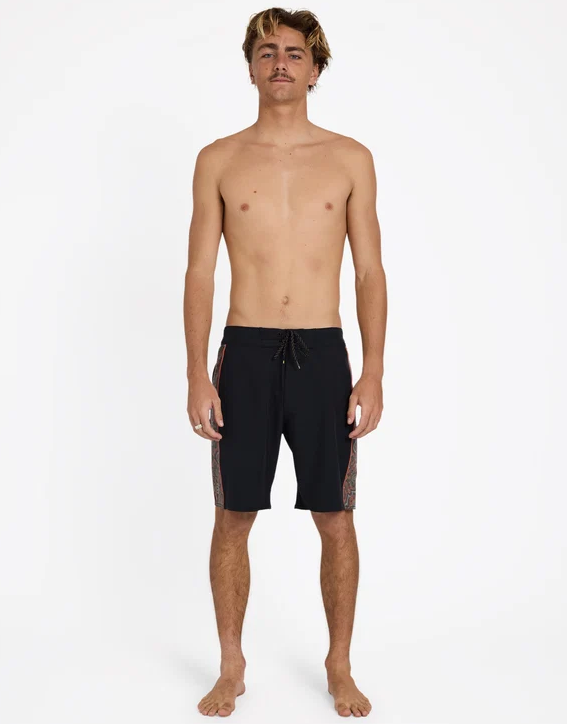Billabong DBah Pro 19" Boardshorts in black with paisley panels on model from front
