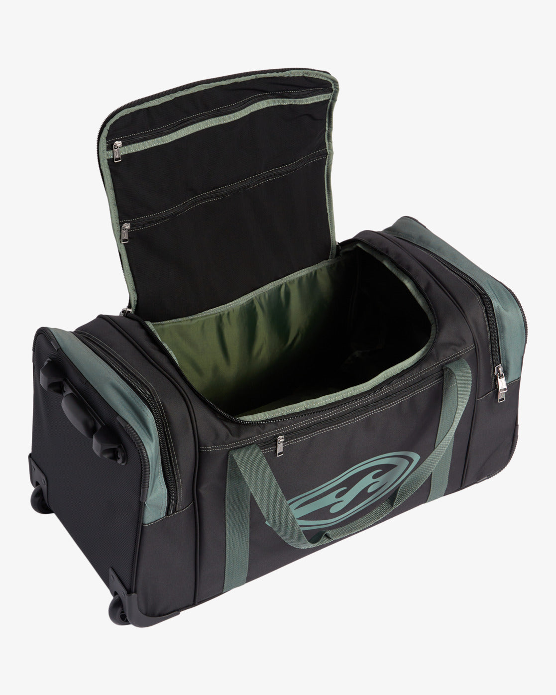 Billabong Destination 85 Litre Wheelie Bag in black with hunter green straps showing open main compartment