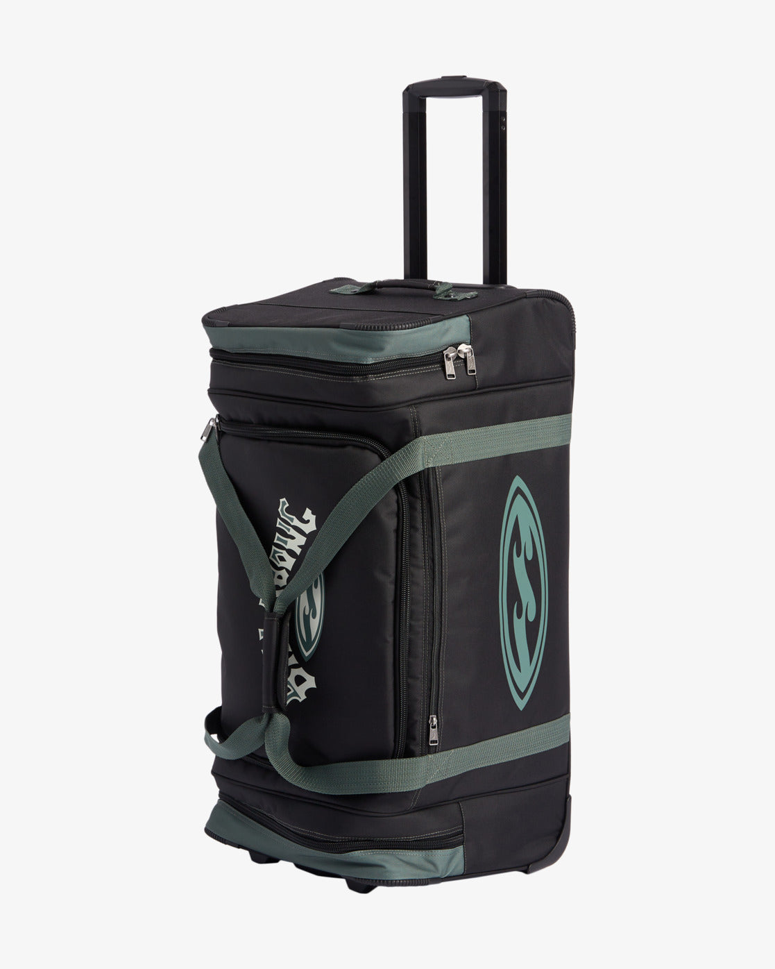 Billabong Destination 85 Litre Wheelie Bag in black with hunter green straps