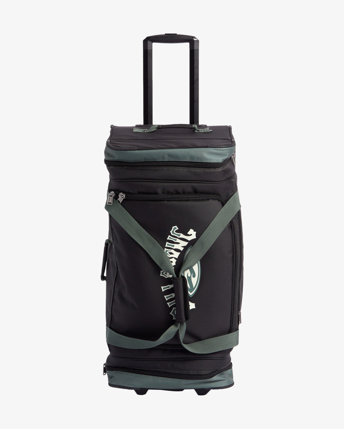 Billabong Destination 85 Litre Wheelie Bag in black with hunter green straps from front