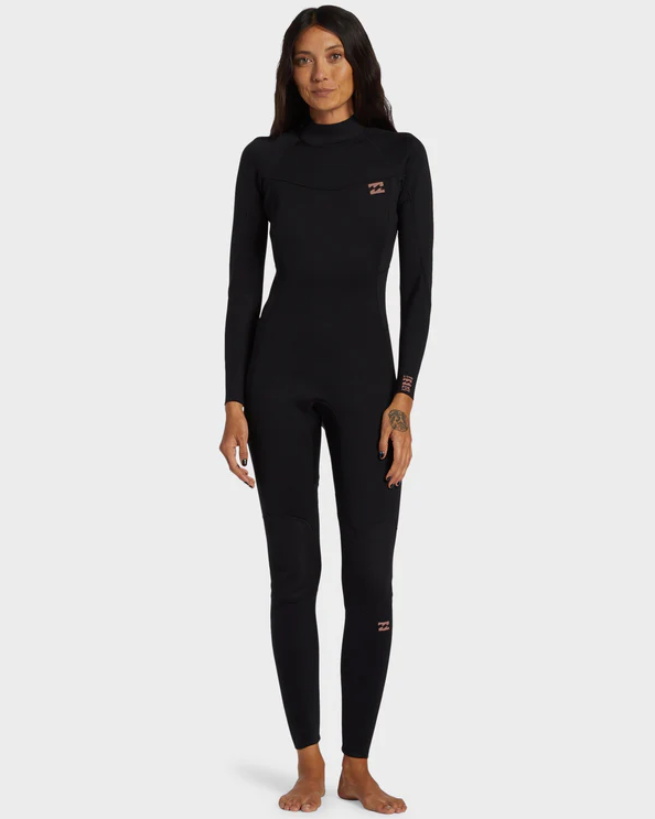 Billabong Womens 4/3mm Foil GBS Back Zip Wetsuit in black on model from front