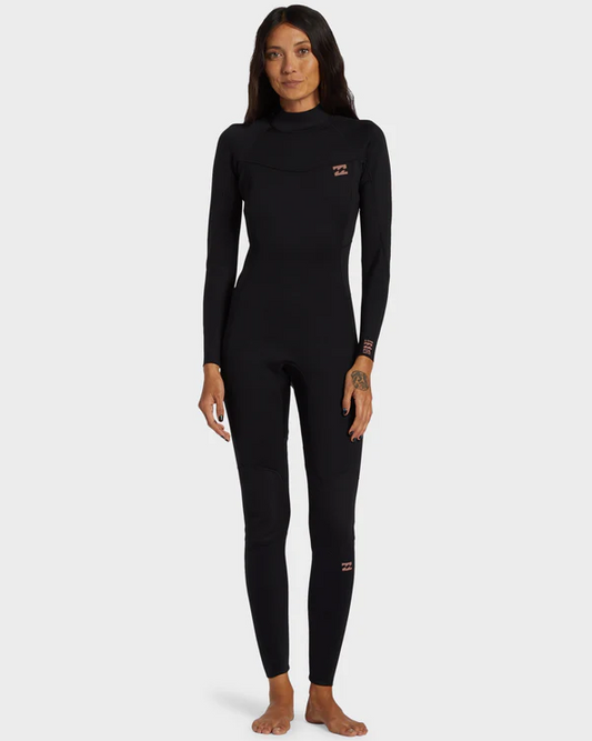 Billabong Womens 4/3mm Foil GBS Back Zip Wetsuit in black on model from front