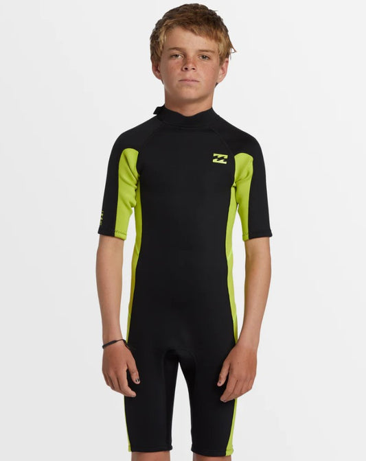 Billabong Foil Youth 2mm Back Zip Spring Wetsuit in black with fluoro lime