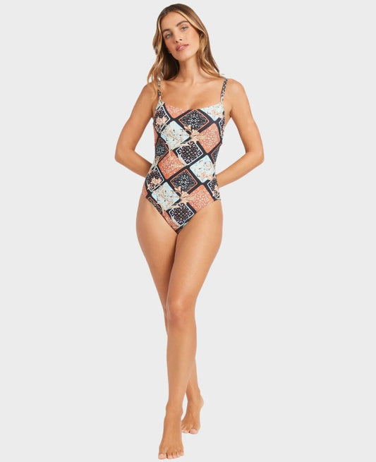 Billabong Forever Folk Mia D/DD Onepiece Swimwear in black pebble multi colourway on blonde model from front full length shot