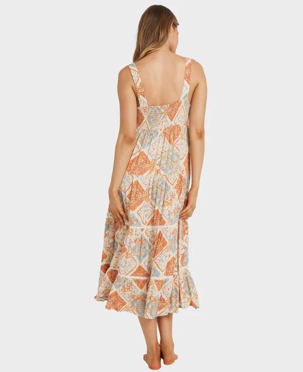 Billabong Forever Folk Shine Midi Dress in whitecap colourway on model from rear