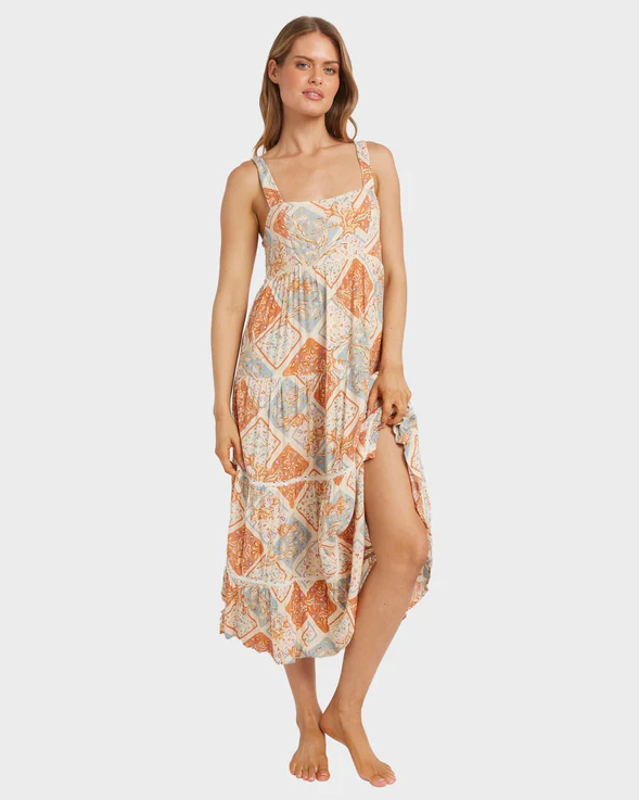Billabong Forever Folk Shine Midi Dress in whitecap colourway on model from front
