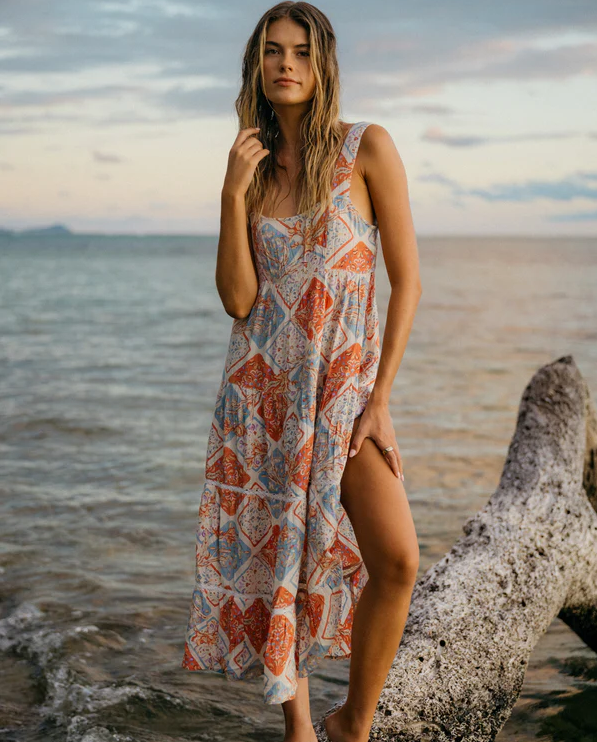 Billabong Forever Folk Shine Midi Dress in whitecap colourway on model at the beach