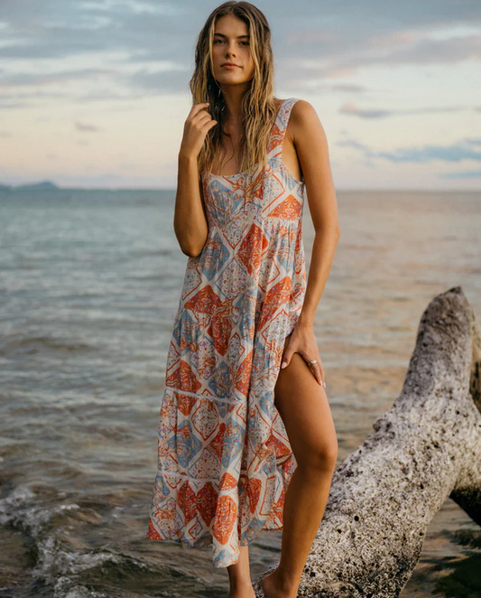Billabong Forever Folk Shine Midi Dress in whitecap colourway on model at the beach