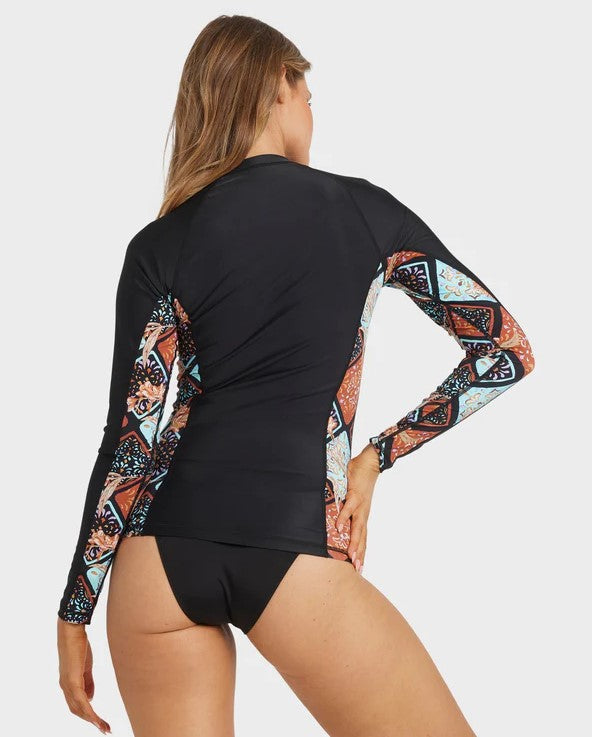 Billabong Forever Folk Reef Break Long Sleeve Womens Rash Shirt in black pebble colourway on model from rear