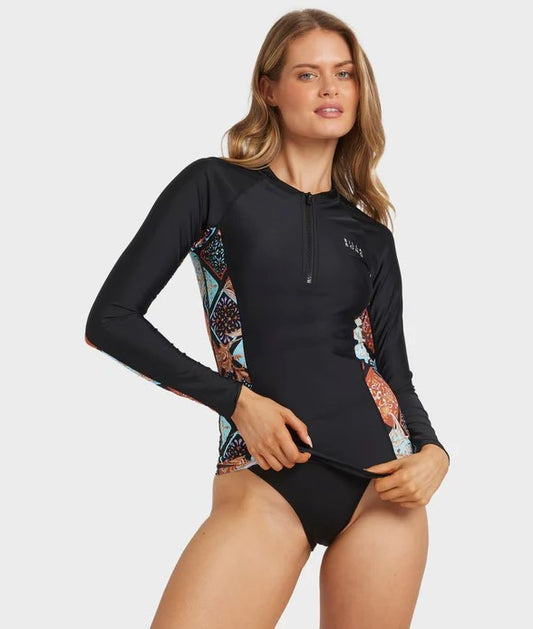 Billabong Forever Folk Reef Break Long Sleeve Womens Rash Shirt in black peblle colourway on model from front