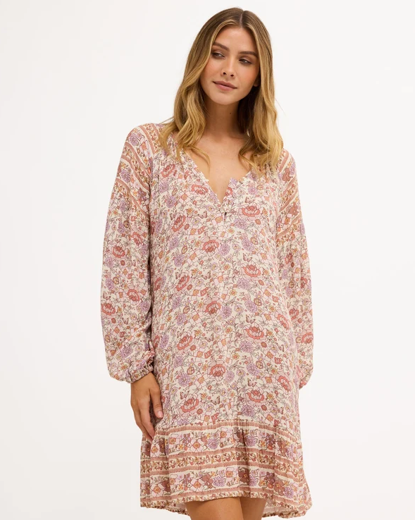 Billabong Forever More Dreamer Mini Dress in multi colour on model from front close up