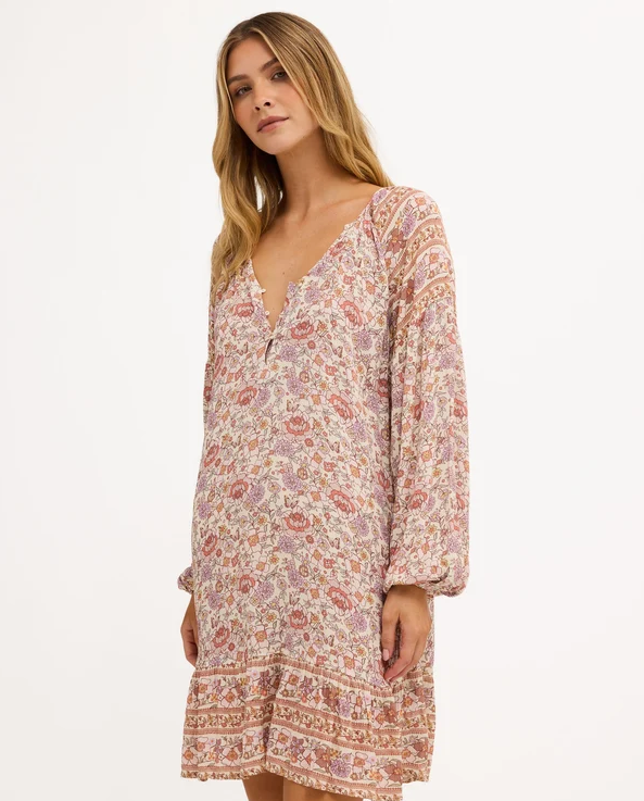 Billabong Forever More Dreamer Mini Dress in multi colour on model from side