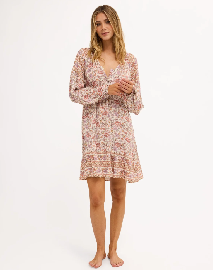 Billabong Forever More Dreamer Mini Dress in multi colour on model from front