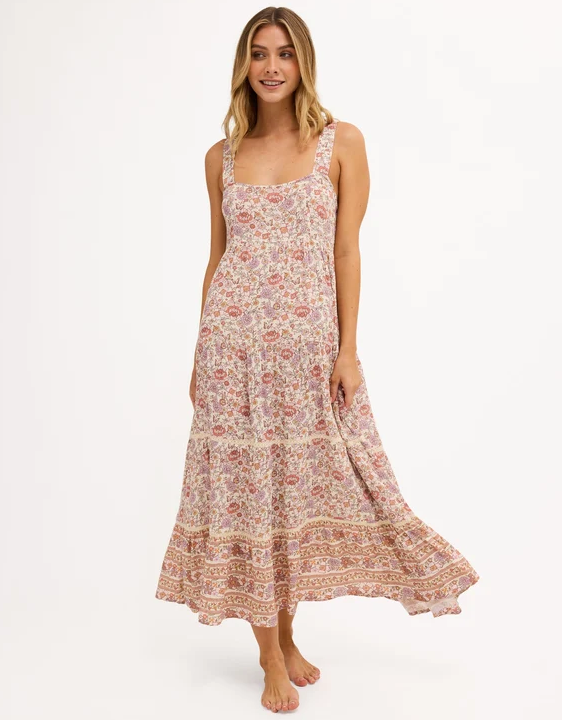 Billabong Forevermore Shine Dress in multi colour on model from front with slight twirl