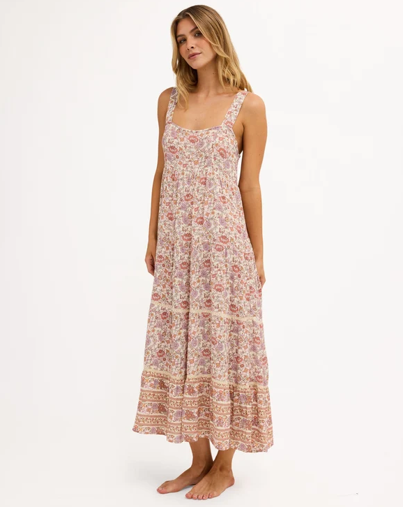 Billabong Forevermore Shine Dress in multi colour on model from front slight sideways