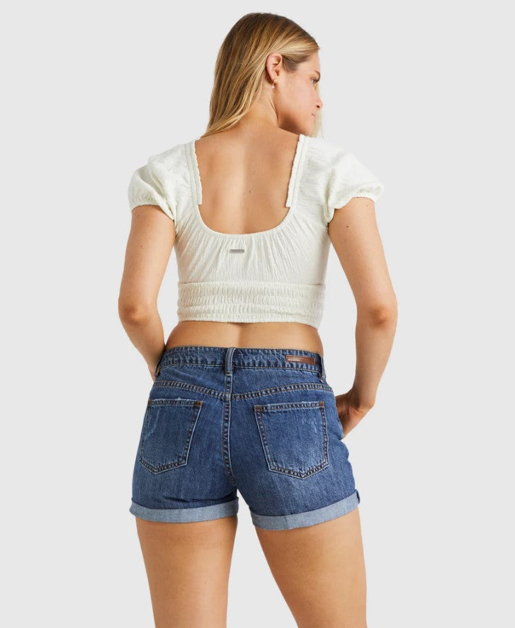 Billabong Frankie Denim Shorts in royal colour on model from rear