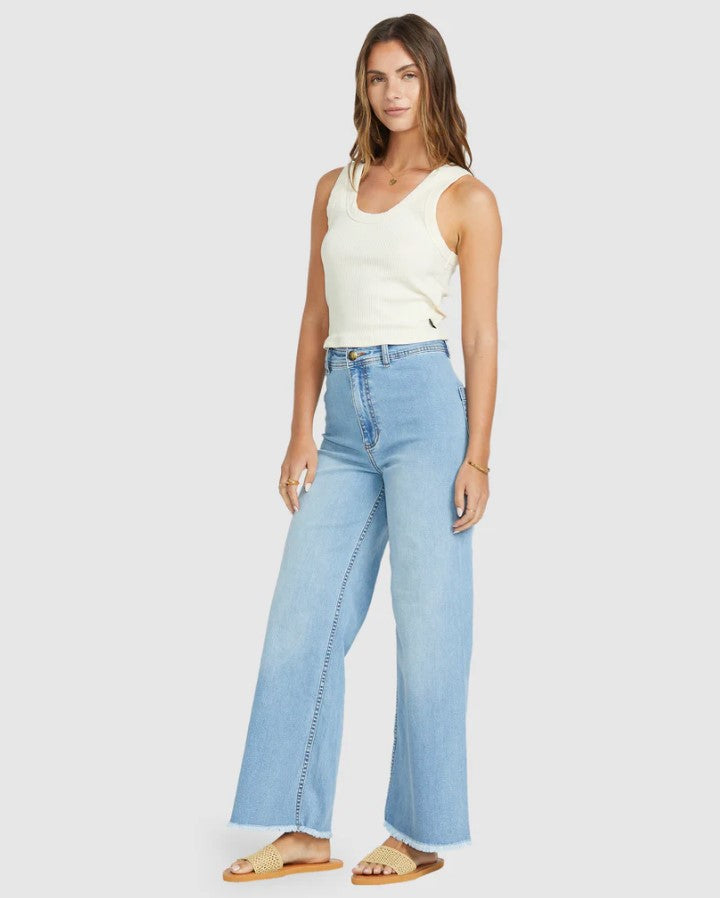 Billabong Free Fall Indigo Denim Jeans in sea spray colour on model from front/side