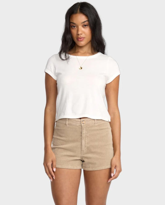 Billabong Freefall Cord Womens Shorts in cobblestone colourway on model in white tee from front