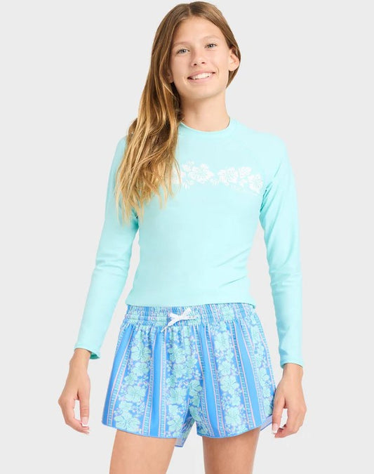 Billabong Happy Hibiscus Swim Volley Shorts  in blue multi on youth model wearing blue rash top from front