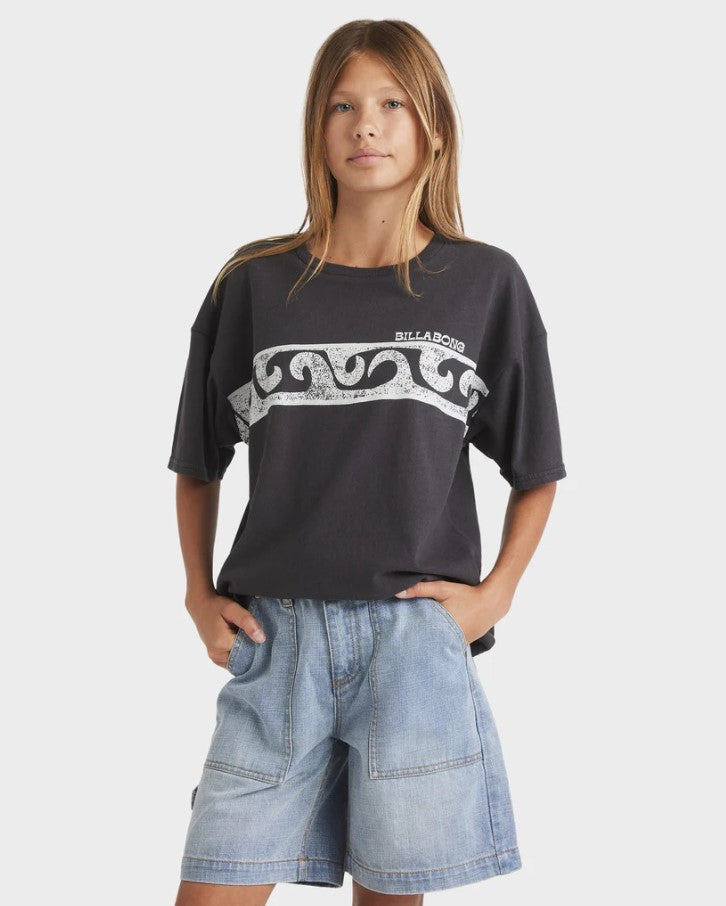 Billabong Mindy Girls Denim Shorts in water colourway close up from front on young lady