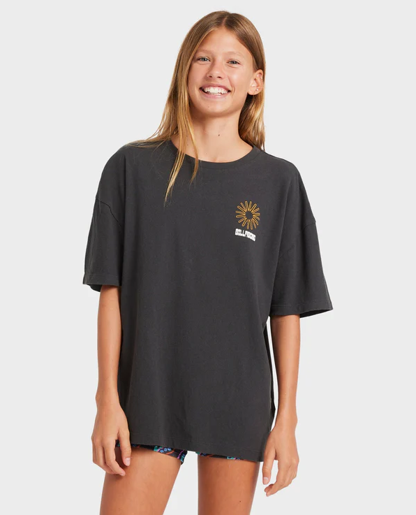 Billabong Girls Sunshine Chaser Tee in off black on youth model from front