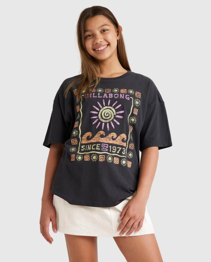 Billabong Girls Waves and Sun Tee in colour off blaco on model