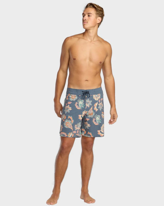Billabong Good Times Pro 18.5" Boardshorts in blue floral on model from front