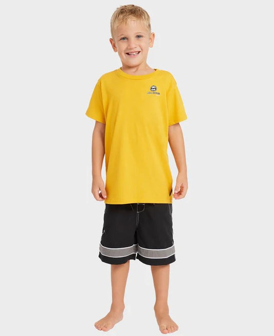 Billabong Groms Throw On 2.0 13" Boardshorts in black on young child model wearing yellow t-shirt
