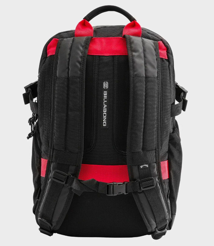 Billabong Greyman 29 Litre Premium Backpack in black with red tab detailing from rear