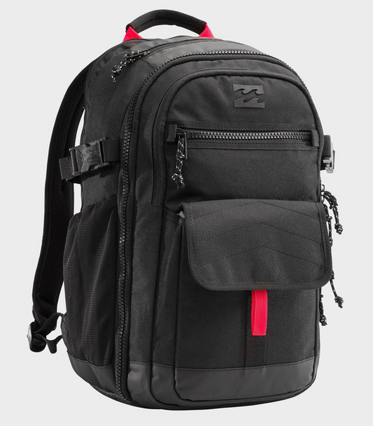 Billabong Greyman 29 Litre Premium Backpack in black with red tab detailing from front