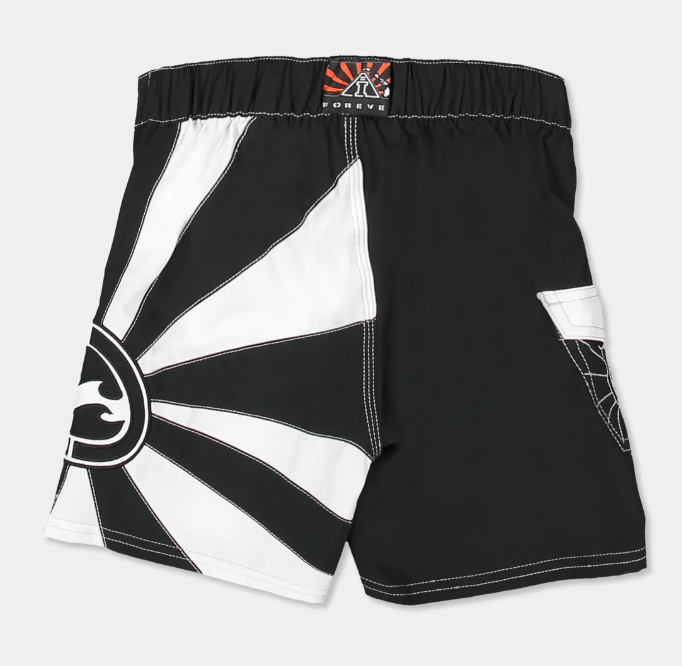 Billabong A.I Groms Rising Sun Boardshorts in black and white flatlay from the back