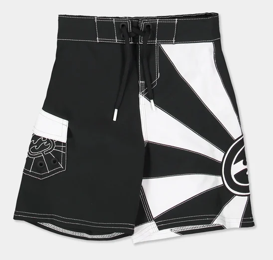 Billabong A.I Groms Rising Sun Boardshorts in black and white flatlay from the front