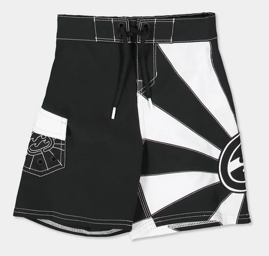 Billabong A.I Groms Rising Sun Boardshorts in black and white flatlay from the front