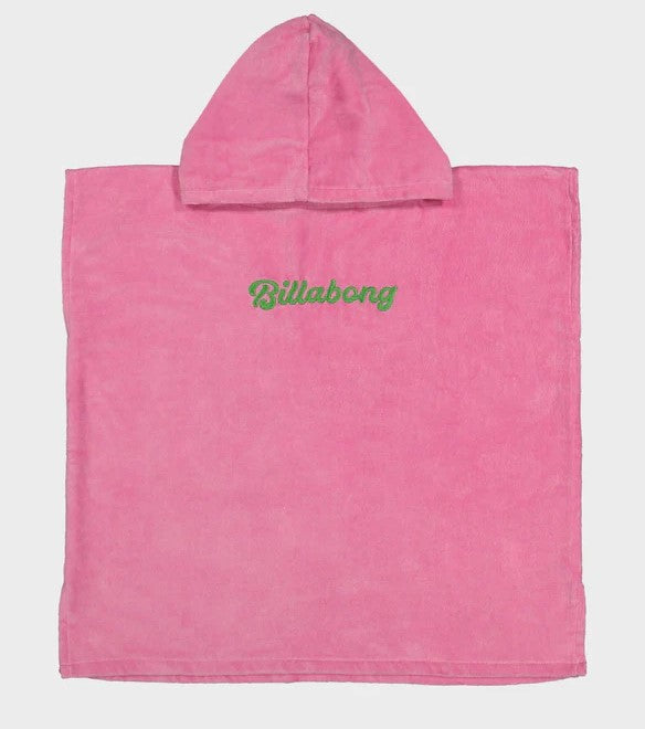 Billabong Groms Hoodie Towel in party pink colour with green embroidered logo