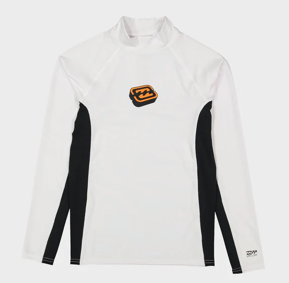 Billabong Groms Spec 73 Long Sleeve Rash top in white with black panels from front