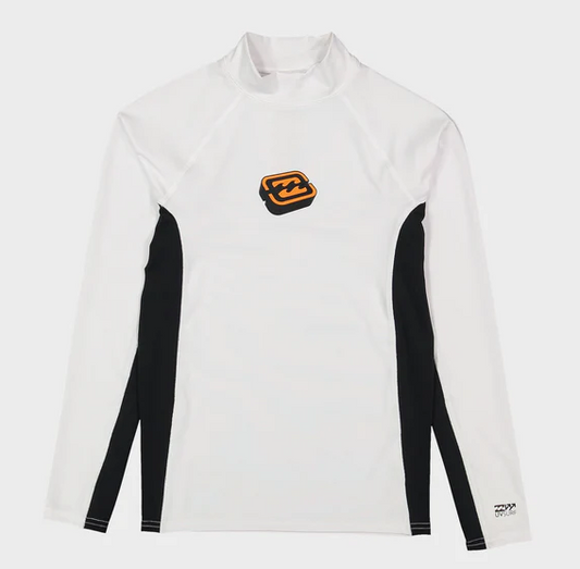 Billabong Groms Spec 73 Long Sleeve Rash top in white with black panels from front