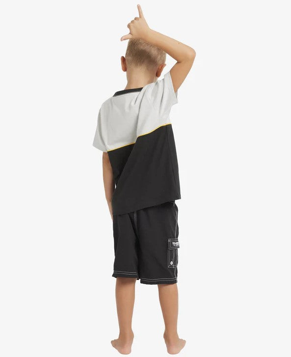 Billabong Groms Throw On 13" Boardshorts in black on model from  rear