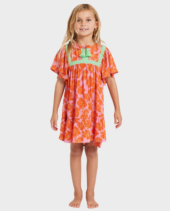Billabong Happy Hibiscus Toddler Dress in party pink colourway on toddler from front