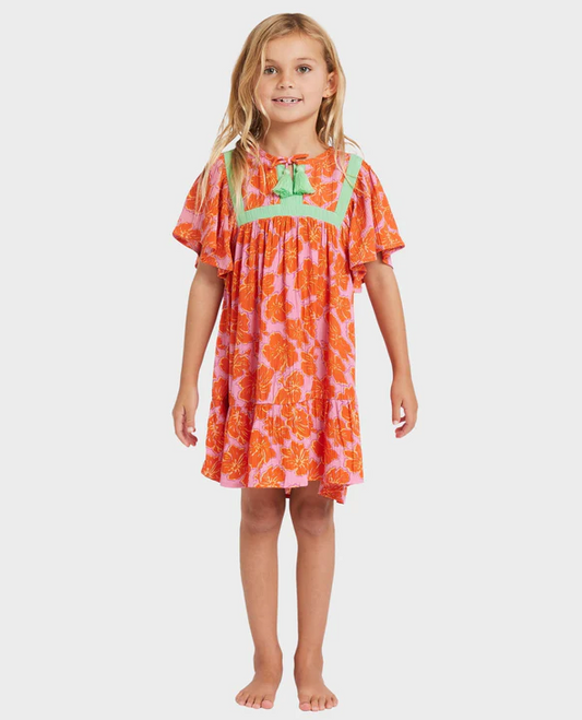Billabong Happy Hibiscus Toddler Dress in party pink colourway on toddler from front