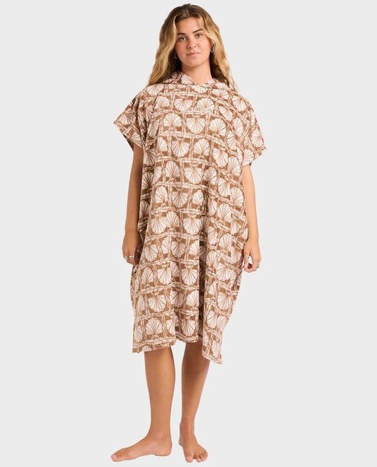 Billabong Heat Womens Hooded Towel in mushroom colourway on model from front