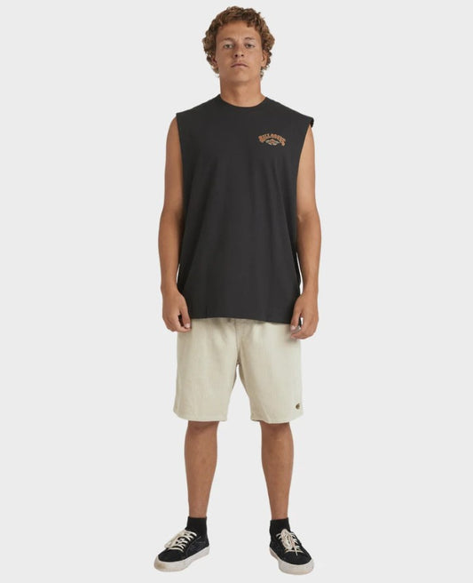 Billabong Heritage Arch Muscle Top in washed black from front on model