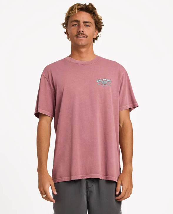 Billabong Heritage Arch Wave Wash Premium T-Shirt in red dahlia on model from the front