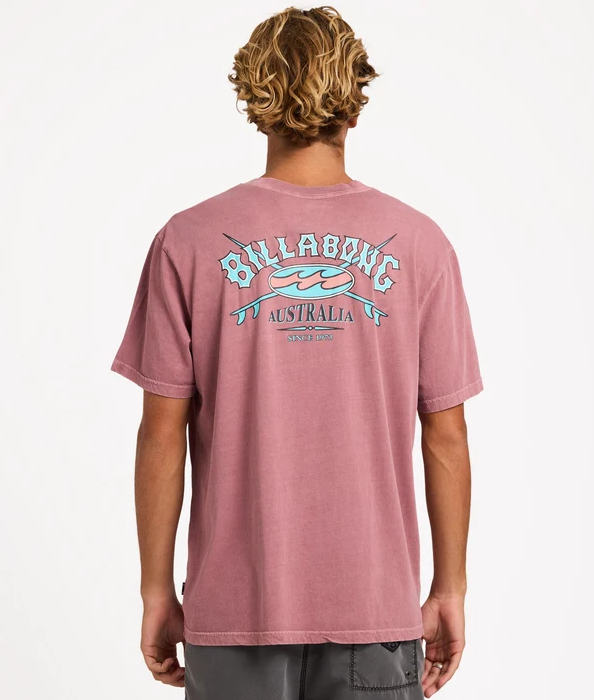 Billabong Heritage Arch Wave Wash Premium T-Shirt in red dahlia colourway on a model from the rear