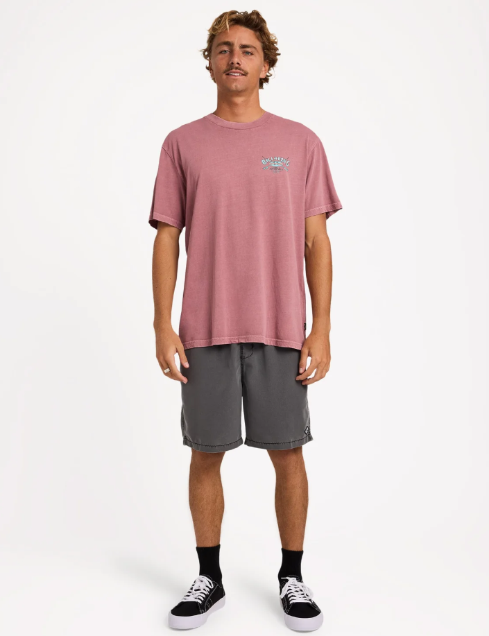 Billabong Heritage Arch Wave Wash Premium T-Shirt in red dahlia on model in black boardshorts from the front