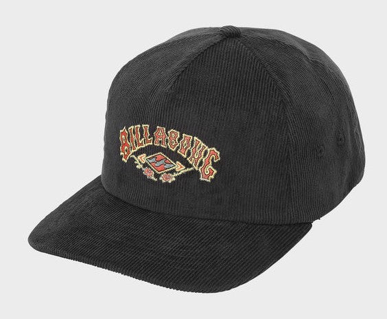 Billabong Heritage Snapback Cap in black corduroy from front