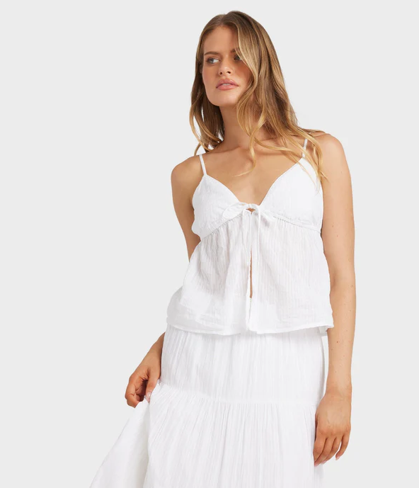 Billabong High Tides Cami Top in white on model from the front