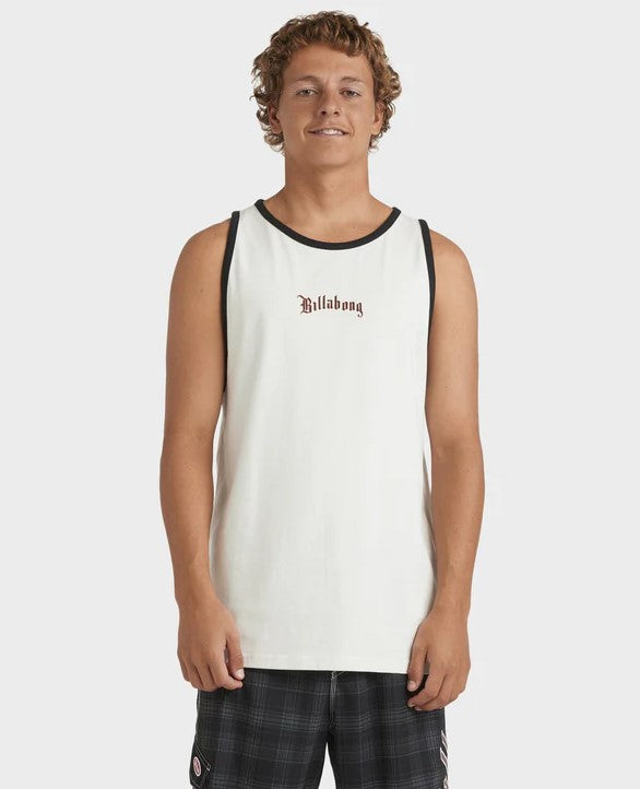 Billabong Immortal Core Tank in fog grey with black trim on model from front