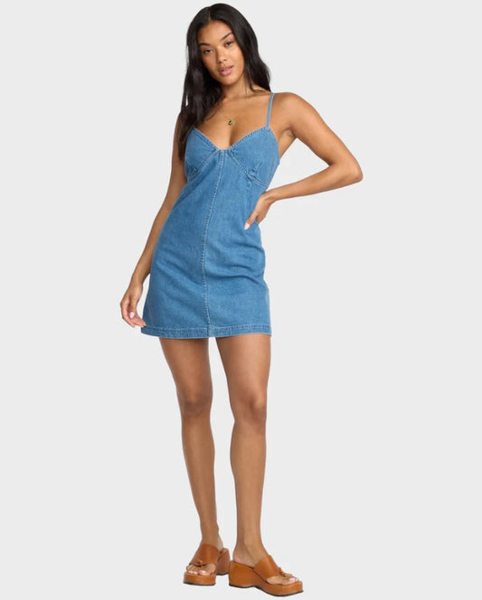 Billabong Indigo Skies Dress in denim on model from front