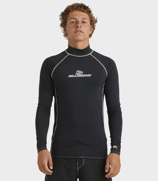 Billabong Jimmy Contrast Long Sleeve Rash Top in black on model from the front