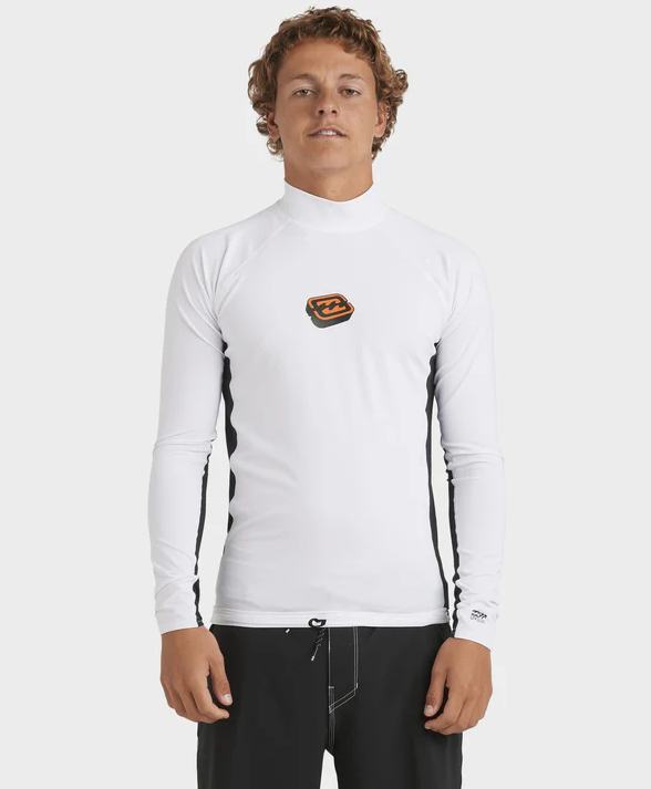 Billabong Jimmy Contrast Long Sleeve Rash Top in white on model from the front